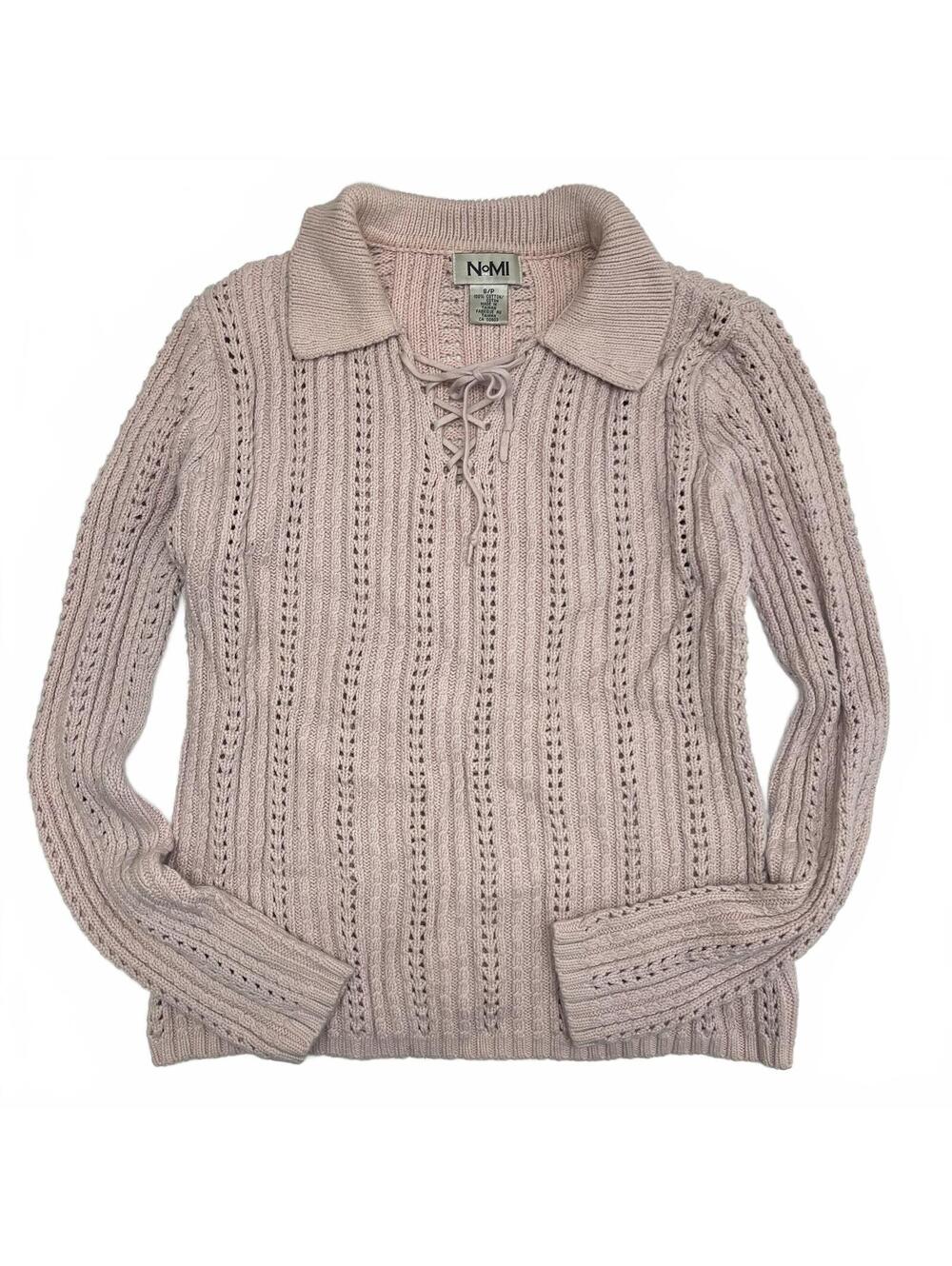 Vintage Nomi Light Pink Collared Lace Up Knit Sweater 100% Cotton Sz S Coquette